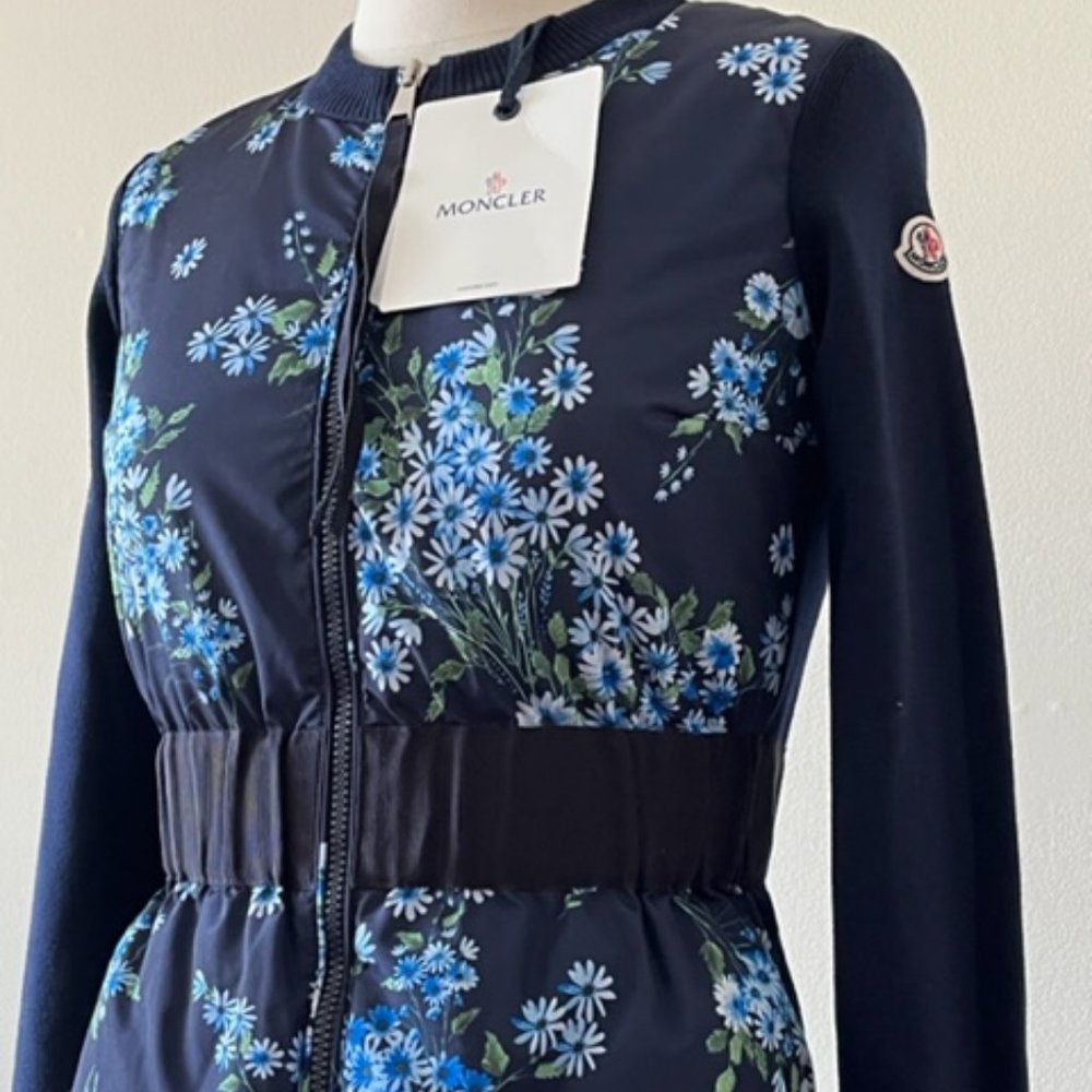 New MONCLER Navy Blue Floral Zip Front Quilted Down Front Jacket Cardigan XS